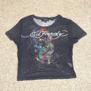 Ed Hardy Cropped Shirt Medium Black Mesh Sheer Dragon Graphic Streetwear Y2K